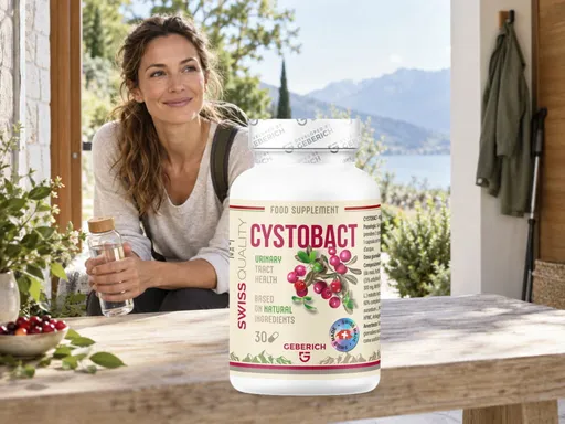 Femme souriante à une table au bord d’un lac après une promenade, avec un flacon de Cystobact et un verre d’eau