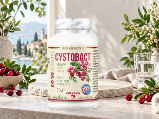 Frasco de Cystobact numa mesa junto a um lago, rodeado de arandos, folhas e bagas de medronheiro