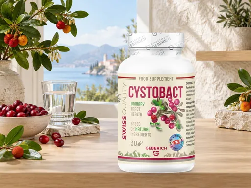Frasco de Cystobact rodeado de arándanos rojos, ramas de madroño y naranjas en una terraza junto al lago