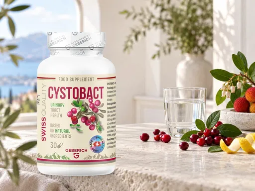 Flacone di Cystobact con bacche fresche su un tavolo in riva al lago