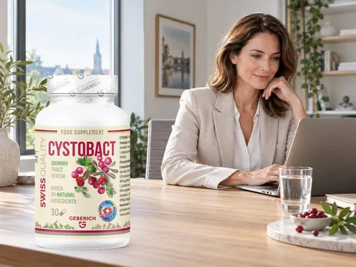 Mujer trabajando con el portátil en su mesa, con un frasco de Cystobact al lado
