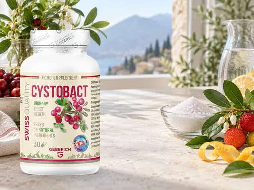 Frasco de Cystobact sobre una mesa de mármol con arándanos rojos frescos, un cuenco de D-manosa en polvo y un vaso de agua