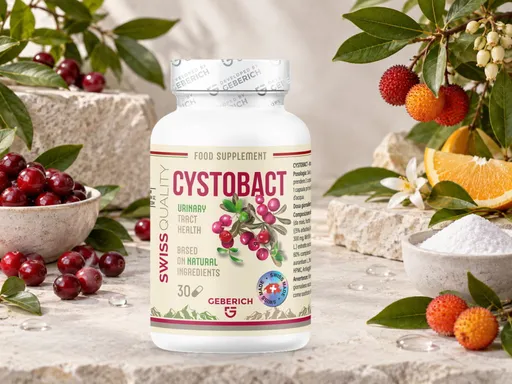Frasco de Cystobact con arándanos rojos frescos, frutos de madroño y un cuenco de D-manosa sobre una mesa de mármol