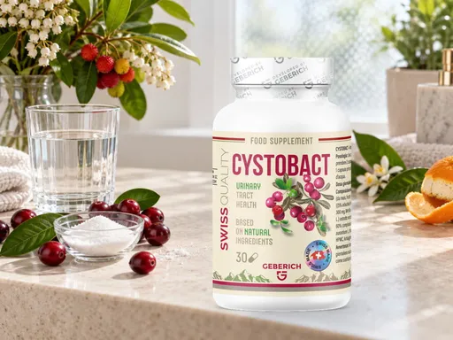 Frasco de Cystobact rodeado de los ingredientes vegetales de su fórmula