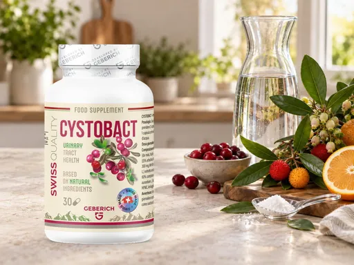 Cystobact bottle beside bowls of cranberries, D-mannose powder and citrus slices