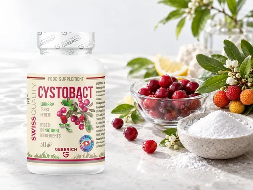 Frasco de Cystobact con un cuenco de arándanos rojos frescos, D-manosa en polvo y frutos de madroño