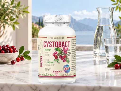 Frasco de Cystobact junto a una jarra de agua y un vaso en una mesa luminosa