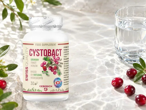 Frasco de Cystobact junto a una jarra de agua y un vaso sobre una mesa luminosa