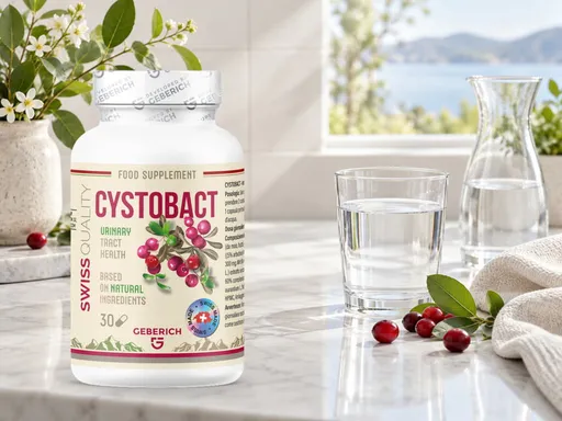 Frasco de Cystobact junto a un vaso de agua en la mesa de la cocina