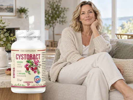Mujer de unos cuarenta años sentada tranquilamente en el sofá junto a un frasco de Cystobact