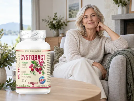 Mujer de unos cincuenta años sonriendo en el sofá junto a una mesa con un frasco de Cystobact