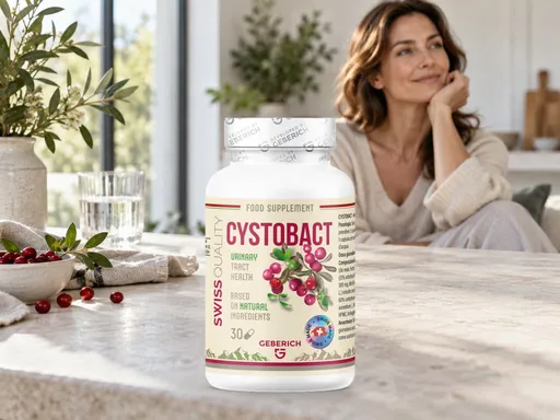 Mujer relajada sentada en casa junto a la ventana, con un frasco de Cystobact sobre la mesa