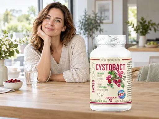 Mujer sonriente en una cocina luminosa junto a un frasco de Cystobact y un vaso de agua