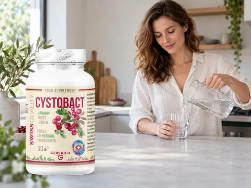Mujer sirviéndose un vaso de agua en una encimera soleada junto a un frasco de Cystobact