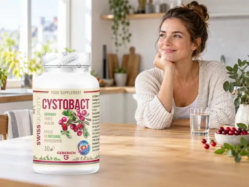 Mujer sonriendo en una mesa soleada con un frasco de Cystobact a su lado