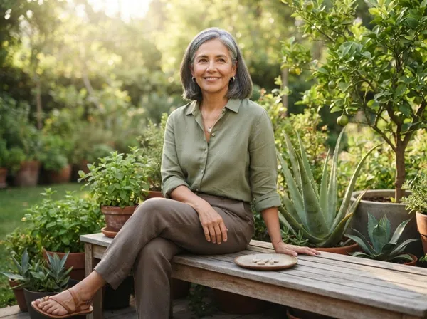 Mujer sonriente regando las plantas de su jardín