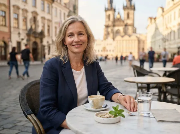 Mujer de unos cuarenta años tomando un café en la terraza de una cafetería