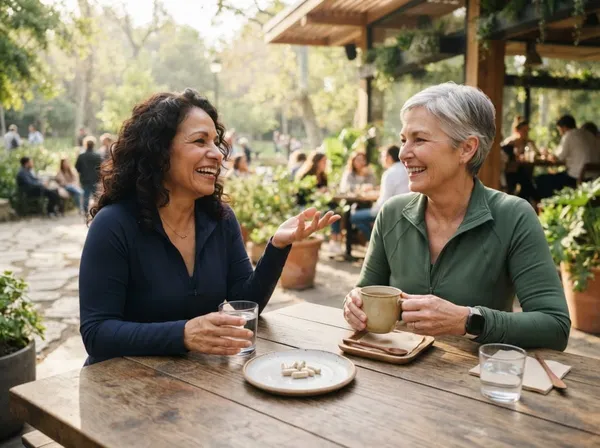 Dos amigas de unos cincuenta años riendo juntas en la mesa de una cafetería
