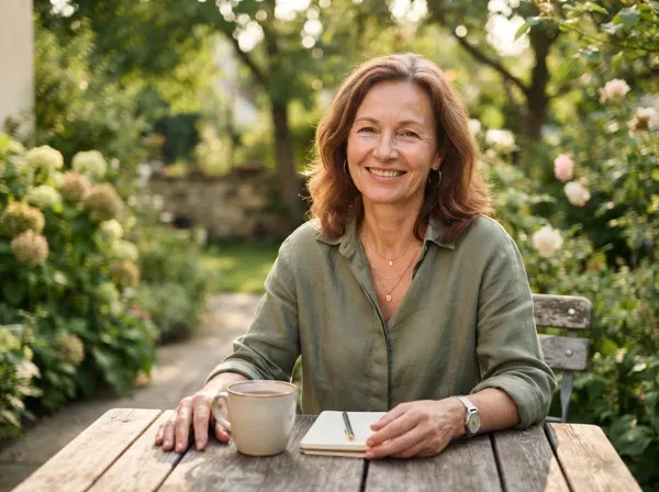 Mujer de unos cincuenta años sonriendo en la mesa de un jardín con una taza de té