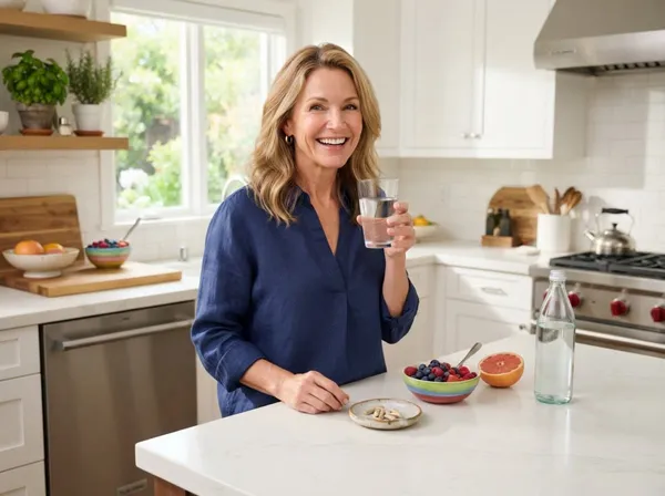 Mujer sonriente preparando un desayuno saludable en una cocina luminosa