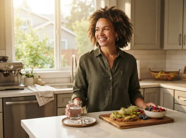 Mujer sonriendo por la mañana en una cocina soleada con un vaso de agua