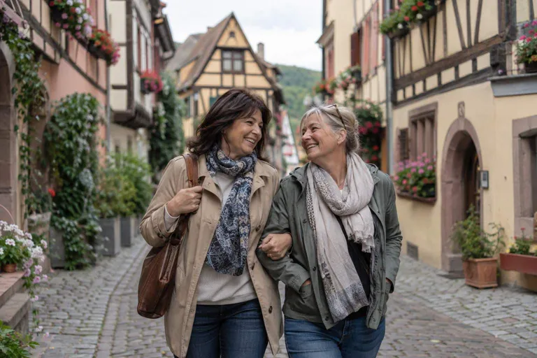 Dos amigas sonrientes paseando del brazo por una calle empedrada con casas de entramado de madera y flores en las ventanas