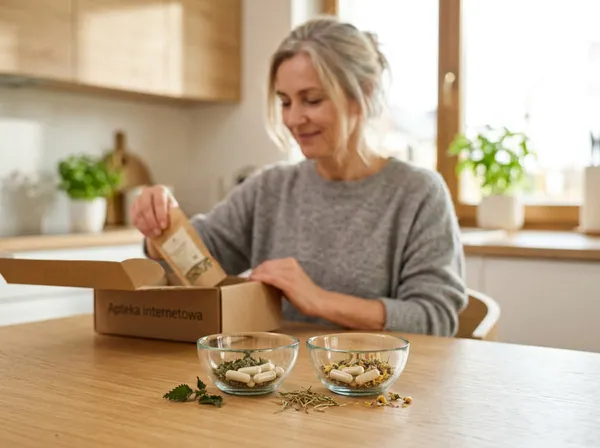 Mujer abriendo en casa una caja de pedido sobre la mesa de la cocina