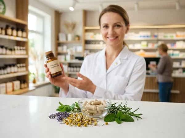 Farmacéutica sonriente con una caja de complementos en el mostrador de la farmacia