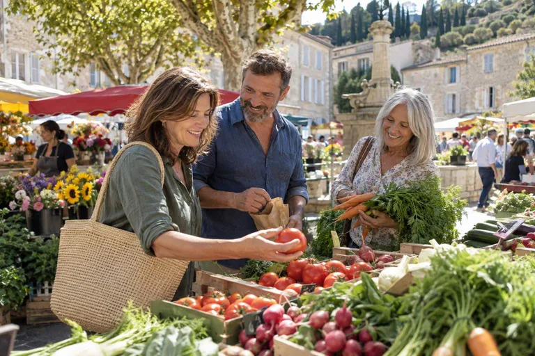Femme choisissant des fruits et légumes frais sur un marché provençal ensoleillé