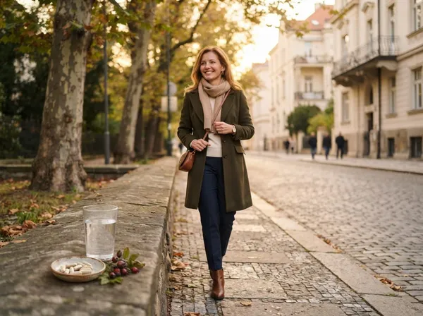 Mujer caminando con paso tranquilo por una calle soleada de la ciudad