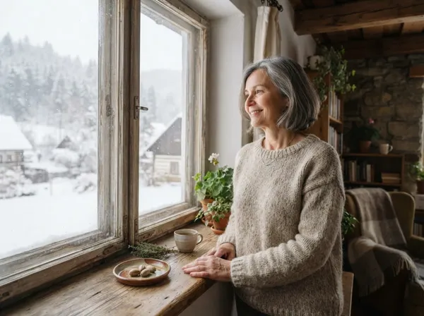 Mujer con un jersey grueso mirando por una ventana nevada con una taza de té en las manos