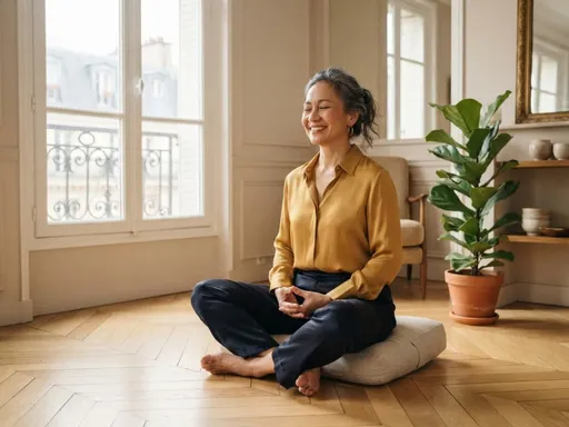 Mujer haciendo yoga sobre una esterilla en el salón de su casa